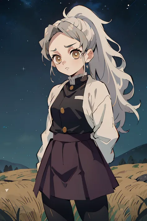 kimetsu no yaiba style, 1girl, solo, light gray hair, ponytail, long hair, forehead, messy hair, big hair, golden eyes, bags under eyes, eyes highlights, serious, neutral, small breasts, petite, black clothes, demon slayer uniform, black button shirt, blac...