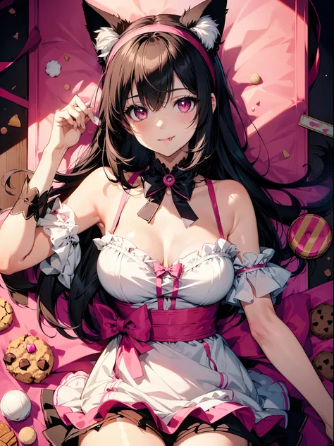 1 girl, character focus, close to viewer, (upper body), (holding a big lollipop) , stick out tongue, cat ears hairband ,black hair, pale pink eyes,smile,(floating many candys and cookies)  ,high resolution,(incredibly absurdres),anime visual,extremely deta...