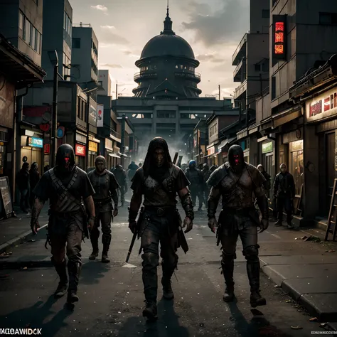 {image quality 8k, 4k, 2k and 1080p full hd all with hdr} {create an image of a post-apocalyptic scenario in a cyberpunk city with several zombies, but with a touch of ancient Japan in the city, also make a group of samurai fighting zombies