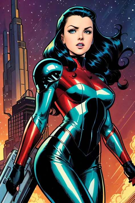 comic book art, vintage colors, style Terry Moore, woman Sci-fi soldier, black hair, blue eyes, Hi-tech shiny red armor, scifi cenario