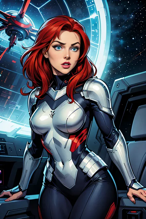 comic book art, vivid colors, style Terry Moore, woman galactic, red hair, blue eyes, red Hi-tech armor, scifi cenario