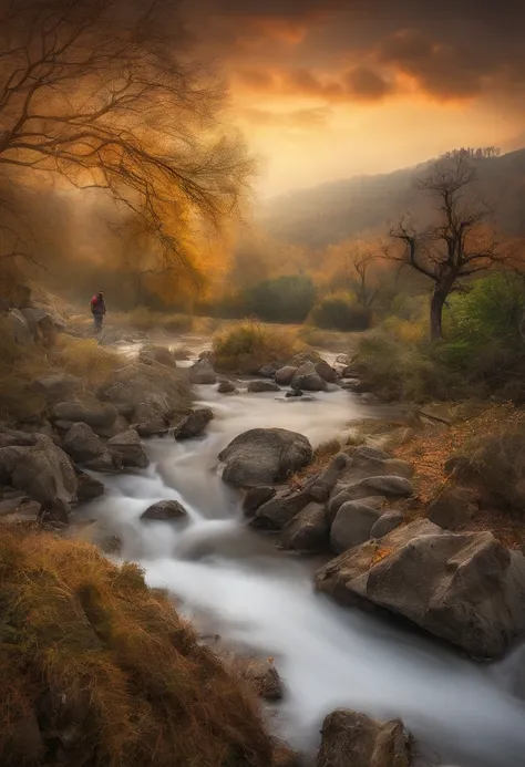 Photo RAW du paysage，Vignes mortes, Vieux arbres, et corbeaux，Petits ponts et eau courante，Ancienne route ouest vent mince cheval，coucher de soleil，Broken intestines are at the end of the world，Inspired by Tang Dynasty poet Ma Zhiyuan，Small Detailed，Realst...