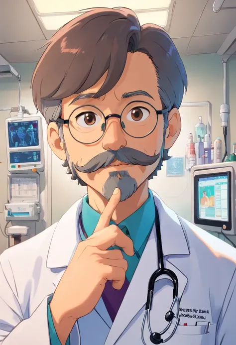 Pixar Movie Poster, hombre, doctor, gordito, alegre, con barba y bigote cortos, peinado moderno, entorno hospital