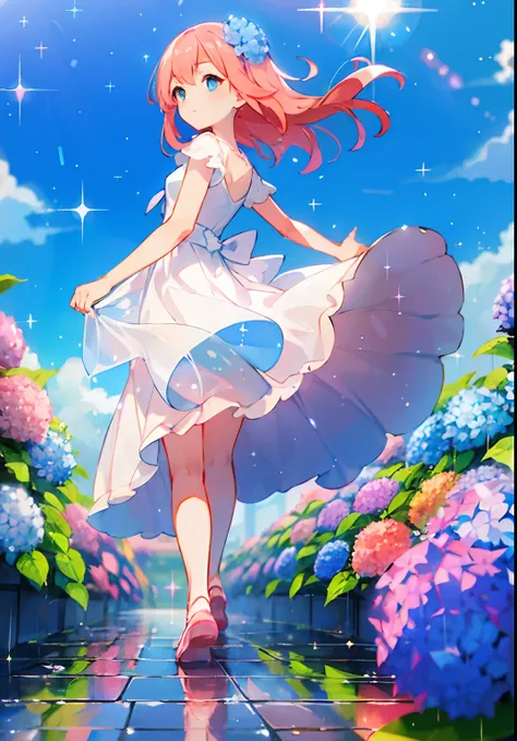 (solo), cute little (1girl) walking, long orange-pink hair and blue eyes, path,[from below:1.2],puddle,Water Reflection,rain,floating water drop,hydrangea,(blurry foreground),dynamic angle,asphalt,(blue sky),lens flare,white dress,(glitter:1.2), high resol...