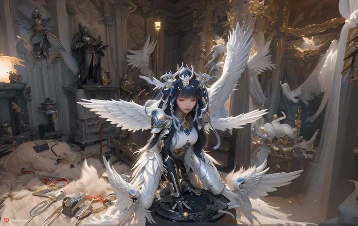 In the room there is a statue of a woman with wings, by Yang J, chengwei pan on artstation, angel knight girl, cgsociety and fenghua zhong, angel in plastic armor, 2. 5 D CGI anime fantasy artwork, author：Zhou Chen, ross tran and wlop, author：Jeremy Chang,...