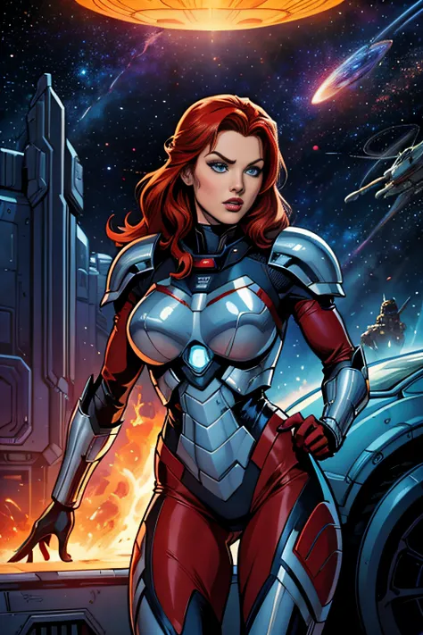 comic book art, vintage colors, woman galactic army, red hair, blue eyes, Hi-tech armor, sci-fi space ship cenario