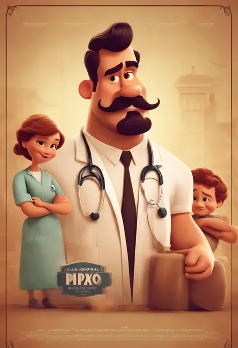 Pixar Movie Poster, hombre, doctor, gordito, alegre, con barba y bigote cortos, peinado moderno, entorno hospital