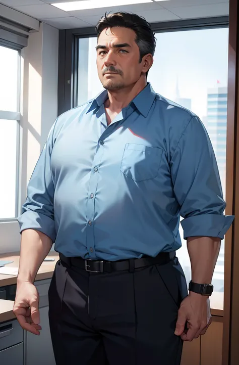 High quality, Masterpiece, A 50-year-old man，wearing a light blue shirt， Black suit pants, Moderate obesity，dregs, A look of lack of energy, Standing in the office of the police station, Close-up of the bust.