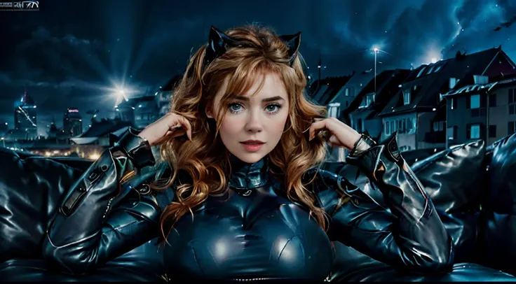 (Palina Rojinski als Catwoman, umgeben von Katzen), .RAW, Meisterwerk, ultrafeines Foto,, best quality, ultra high resolution, fotorealistisch, Sonnenlicht, full-length portrait, stunningly beautiful,, Dynamische Posen, Zartes Gesicht, Lebendige Augen, (Se...