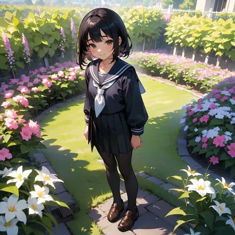 (Best Quality, hight resolution, Ultra-detailed, Realistic:1.37), peaceful ambiance, (plein air, garden), Teenage girl standing alone, Beautiful detailed features, Cute smile, ((Black bob hair)),Navy blue sailor suit, Pleated skirt,Black tights,Brown leath...