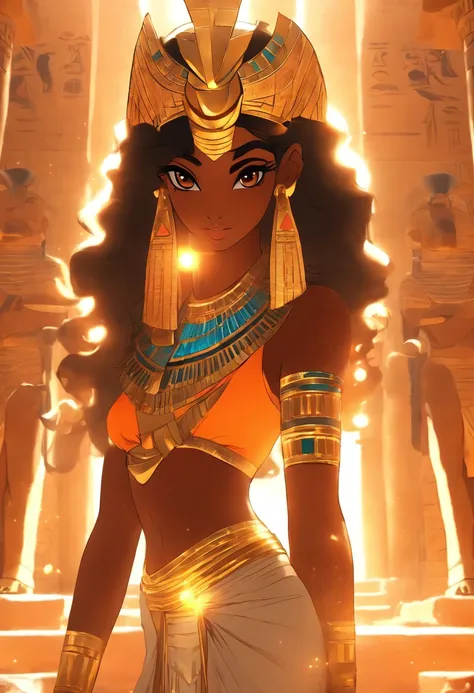 (((Egyptian Goddess))) best quality, very high resolution, 4K detailed CG, masterpiece, Egyptian mythology, Anuchis, black woman, sun in the background, Ancient Egypt, Egyptian temple, orange clothes, Egyptian clothes, desert, Ancient Egypt, Egyptian mytho...