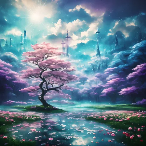 (best quality, master part:1.2), Foco suave, Aquarela gradiente brilhante, sonhador, fundo branco, Melancholic Field of Roses, Photorealistic Cosmic Sky, artistic, psicodelic, Magic Incandescent Cosmic Rain, arvore da vida, Mystic Tower