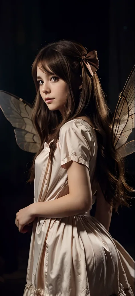 anime style, brown hair, brown eyes, fairy wings, bow, long hair, night gown, dark background