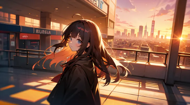 Sunset, city, mall, long-haired girl