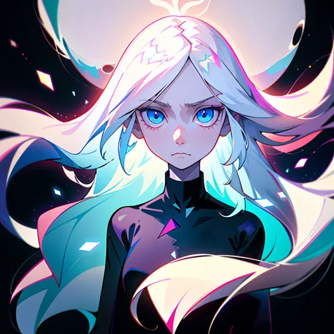 1 girl, ((solo)), a girl with long white hair, long hair, pale skin, simple body, black long neck sweater, emotionless face, ice background, Palatinate Blue eyes, shiny eyes