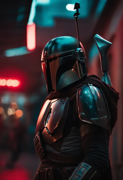 mandalorian, 8k, sombre, cyberpunk, pose de combat, red light,