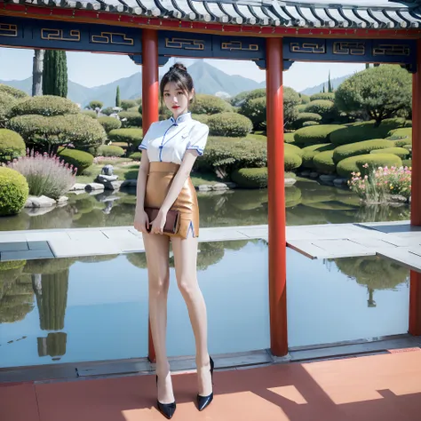 (Best quality, Masterpiece:1.2), 超高分辨率,  intricately details, twogirls，Mature face，Flesh-colored pantyhose，Flesh-colored high heels，Single ball head，largeeyes，Redlip，Heavy makeup，tightshortsleeve，Skirt that wraps hips，Chinese Garden，standing on your feet，T...