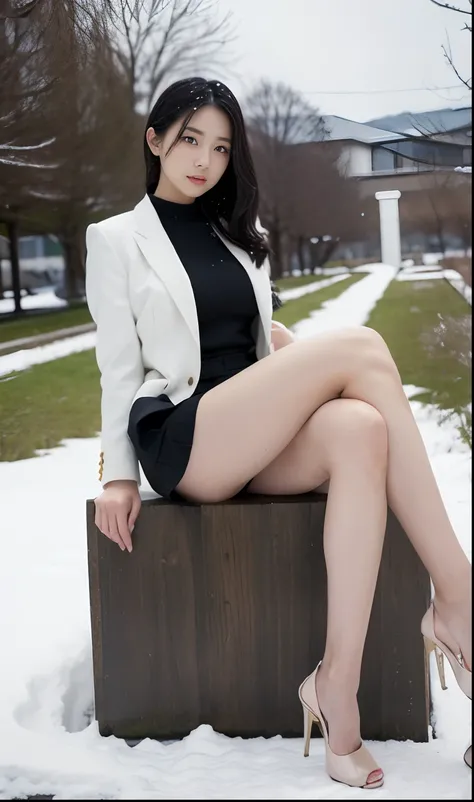 A Japanese Lady、beauitful face、二重まぶた、Big eyes、Long Black Hair、suits、Micro shorts、beauty legs、Raw feet、pin heels、tall、model poses、cross ones legs、Leg Pose、Oyuki、snow cover、snow blowing、Visibility is poor due to snow