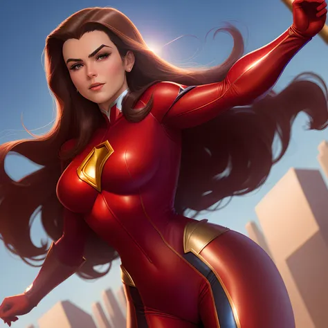 No melhor estilo John Buscema ,A powerful superheroine wearing a red uniform, Very beautiful and sensual in the skies of a great metropolis watching(corpo inteiro) cinemactic, ultra-detalhado, 16k resolution):