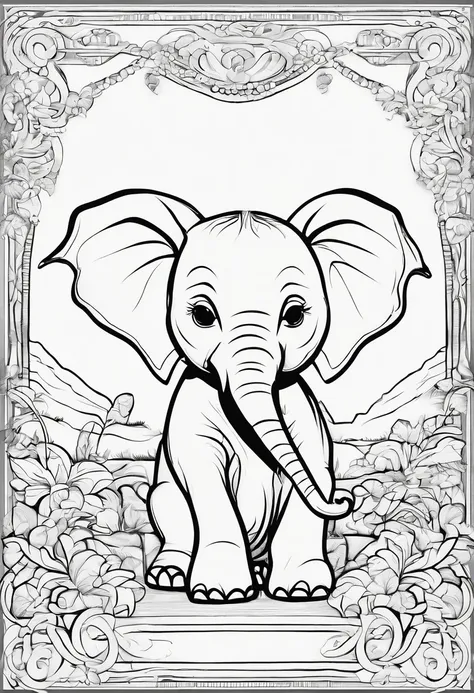 A lovable happy baby elephant character, coloring book page, side view, Kawaii, fine black outline, coloring book, no filling, no black shadows, high definition, vector, coloring book art, simple line art, no shading, no Color, no background Color, plain w...