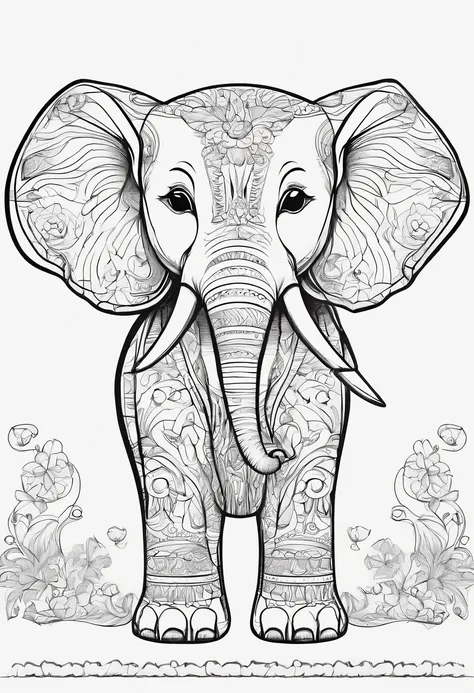 A lovable happy baby elephant character, coloring book page, side view, Kawaii, fine black outline, coloring book, no filling, no black shadows, high definition, vector, coloring book art, simple line art, no shading, no Color, no background Color, plain w...