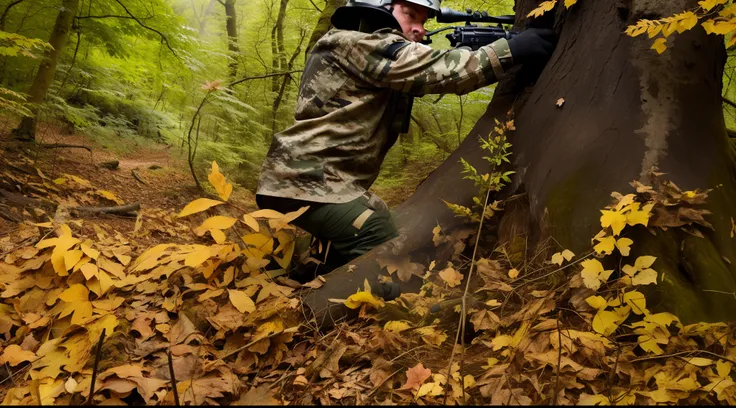 Da ist ein Mann, der im Wald kniet, Lage im Wald, Camouflaged Gear, Sharpshooter! Mann mittleren Alters, Action-Foto, Tarnung, Jagd, Jagd auf einen Tiger, Action-Aufnahme, Long-range shooting, Schuss aus mittlerer Distanz, Weitschuss, Action-Foto, Umgang m...