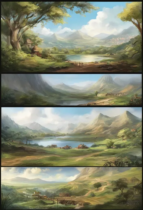 （（（Comic Book Storyboard））），comics，Two-dimensional picture，Manhwa Style，Animation style: Makoto Shinkai，Makoto Shinkai animated film art style，Ultra-wide viewing angle，China-style，Mountain Cliff，precipice，pines，Faraway view，Bright and vibrant colors，Super-...