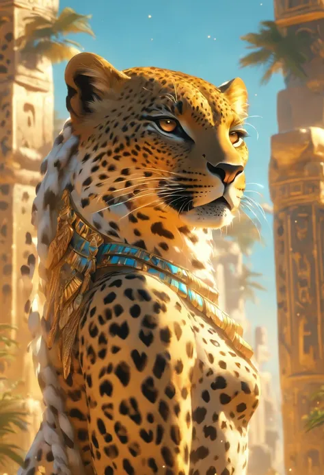 (((Leopard Skin Goddess))) best quality, very high resolution, 4K detailed CG, masterpiece, Egyptian mythology, Seshat, black woman, sun in the background, Ancient Egypt, Egyptian temple, leopard skin, Egyptian clothing , desert, Ancient Egypt, Egyptian my...