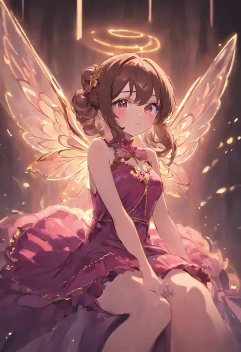 sitting, enchantix, pink night dress, sparkly brown eyes, girl, fairy wings, long dark brown hair adult