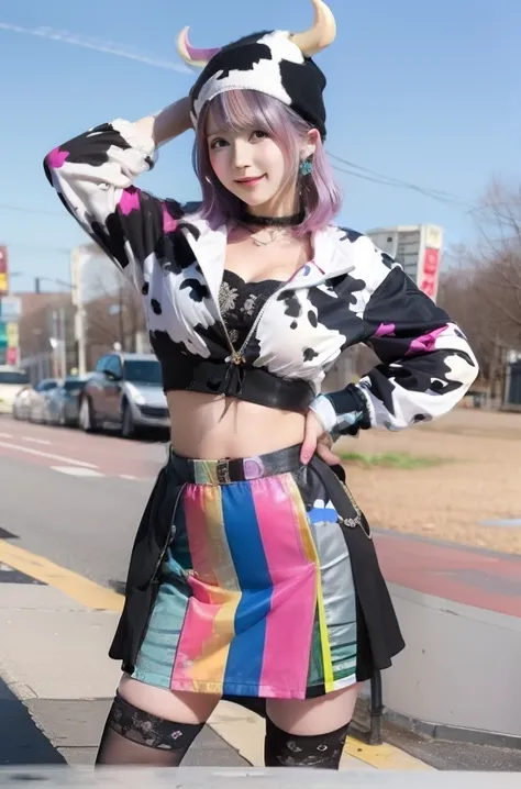 infp young woman、Good Style、Colorful hair、colorful fashion、Idol face、large full breasts、Cow Print Jacket、a miniskirt、Colorful tights、Silver Hat