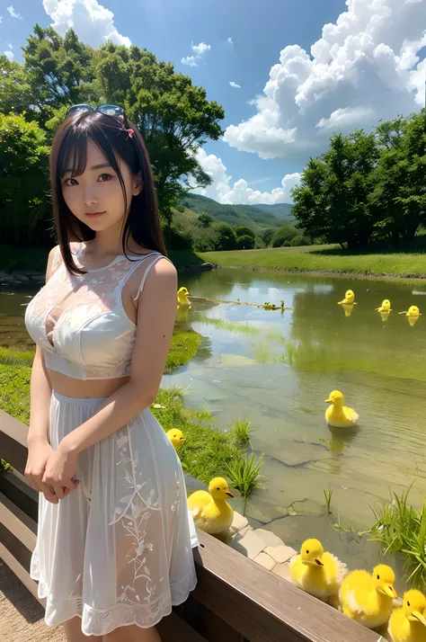 Araffe Japanese model, hyperrealistic, drinking water in a glass with lots of ice next to yellow ducklings in a meadow,2girls,leering:1.5,see-through costume,embroidery pattern,