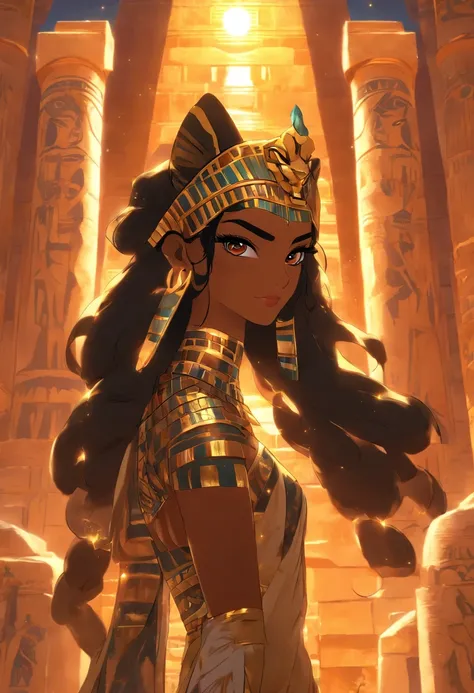 (((Black hair goddess))) best quality, very high resolution, 4K detailed CG, masterpiece, Egyptian mythology, Seshat, woman, black hair, sun in the background, Ancient Egypt, Egyptian temple, leopard skin, clothes Egyptians, desert, Ancient Egypt, Egyptian...