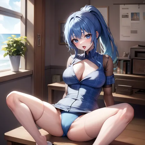 Solo, Delicate face, Long eyelashes, Narrow eyes, (High ponytail: 1.3), (Blue eyes: 1.3), (Ocean blue hair and white mesh: 1.2), Big Cleavage, Slim, Tartan Check, Music Room, angle from top, uniform, light blue underwear, Sweat, sit on chair, Open legs, Op...