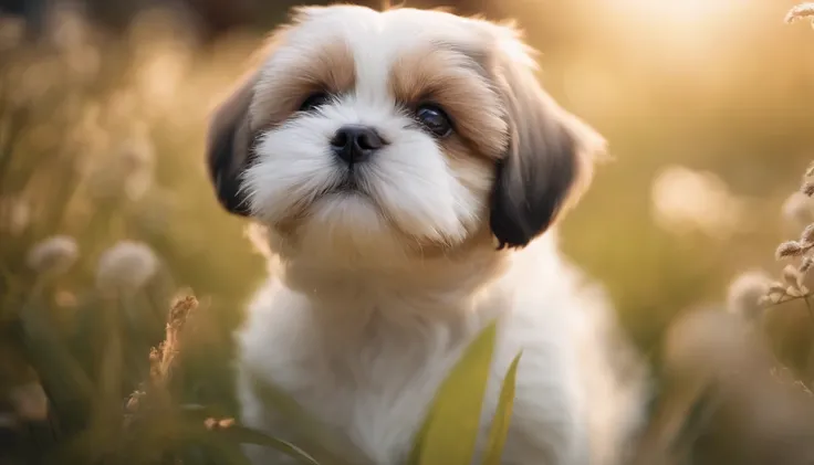 Pictorial effect，8k解像度，A high resolution，超詳細，Explicit focus on the Ultra HD Shih Tzus very detailed character design。Soft light and lighting，ssmile。fluffly、Mist light gold floral background with subtle mist effect，The puppy comes to life，Emphasize the pupp...