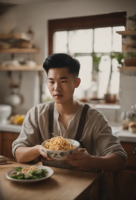 A handsome looking chinese teen eating noodle in the kitchen dining room artgerm style, ! dream artgerm