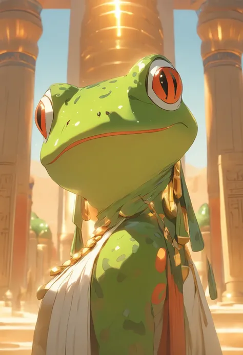 (((Frog head))) best quality, very high resolution, 4K detailed CG, masterpiece, Egyptian mythology, HEQET, sun in the background, Ancient Egypt, standing pose, frog head, white clothes, Egyptian clothes , Egyptian temple, desert, Ancient Egypt, ((frog hea...