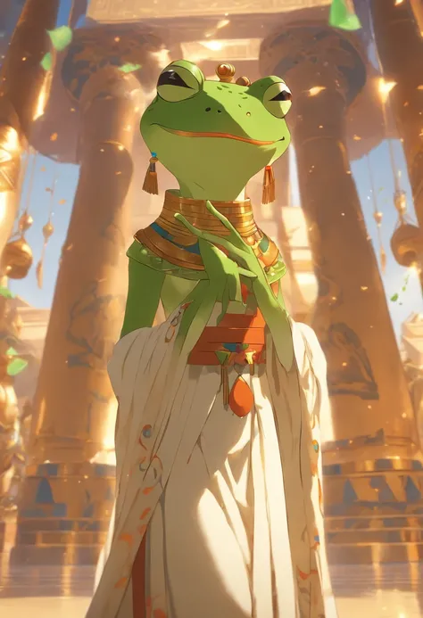 (((Frog head))) best quality, very high resolution, 4K detailed CG, masterpiece, Egyptian mythology, HEQET, sun in the background, Ancient Egypt, standing pose, frog head, white clothes, Egyptian clothes , Egyptian temple, desert, Ancient Egypt, ((frog hea...