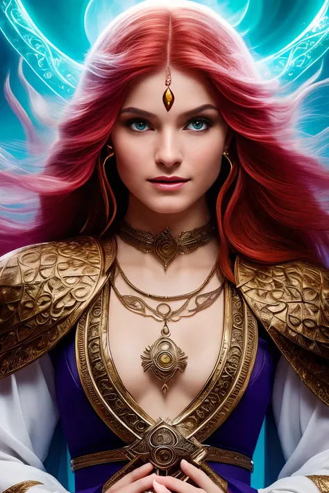 ((best quality)),(luz detalhada),((Beautiful)),1girl, Uma mulher linda e realista, Her red hair falls in voluminous waves down to her shoulders, like dancing flames. It has well-defined arms, indicative of your proficiency in magic. Rings adorn your finger...