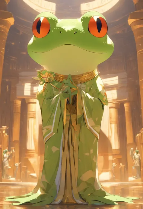 (((Frog head))) best quality, very high resolution, 4K detailed CG, masterpiece, Egyptian mythology, HEQET, sun in the background, Ancient Egypt, standing pose, white clothes, Egyptian clothes, Egyptian temple, desert, Ancient Egypt, ((frog head, womans bo...