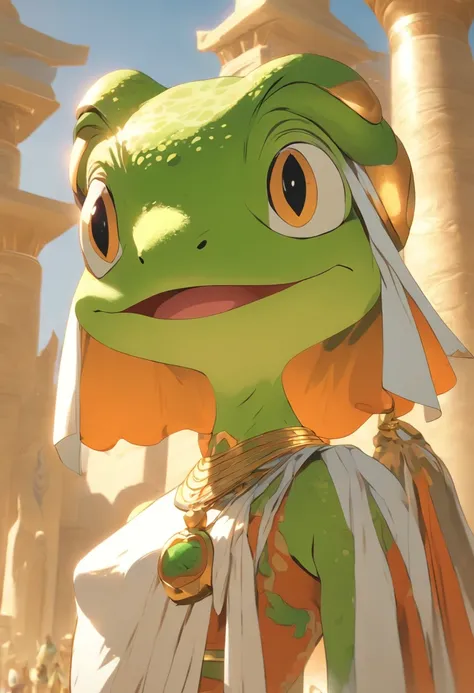 (((Frog head))) best quality, very high resolution, 4K detailed CG, masterpiece, Egyptian mythology, HEQET, sun in the background, Ancient Egypt, standing pose, white clothes, Egyptian clothes, Egyptian temple, desert, Ancient Egypt, ((frog head, womans bo...