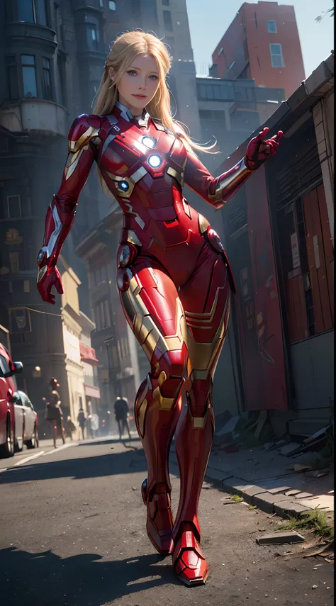 1girl, full body shot, gwyneth paltrow as  ironman (from marvel studios), red ironman suit, smile, look at viewer, (masterpiece,...