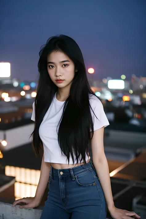 Thai Girls, look at viewer, long-haired, t-shirt , Jeans, (Town Rooftop), grain of film, rim lights