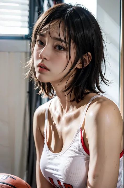 Manga Haruko Akagi，Lie flat on the indoor basketball court，Wear a white and red NBA Bulls basketball shirt，（8K，best qualtiy，tmasterpiece：1.2），（realisticlying，realisticlying：1.37），ultra - detailed，best qualtiy，超高分辨率，profesional lighting，photon maping，Radio ...