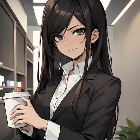 Anime girl in business attire holding a cup of coffee, menina anime atraente, anime moe artstyle, Menina anime com cabelo longo, menina anime jovem realista, pintado em anime painter studio, anime girl drinks energy drink, personagem de anime feminino, men...