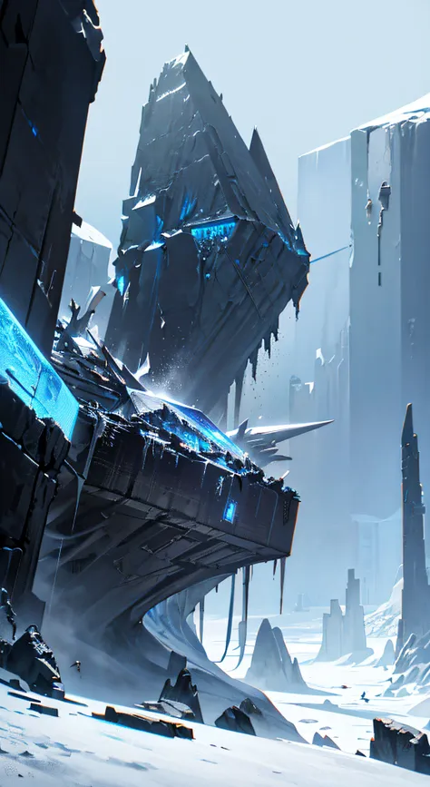 cyberpunk, mechanical, broken, there is a picture of a very large iceberg, cyberpunk, mechanical, broken, with a lot of snow, du...