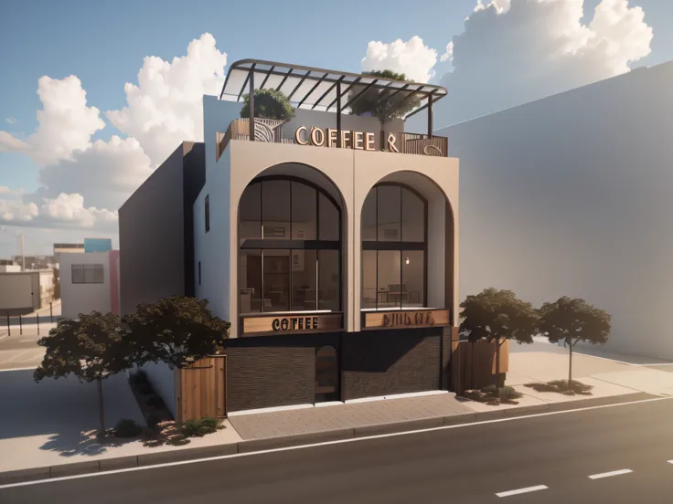 rendering of a coffee shop with a sign on top of it, mid-view, conceptual rendering, building facing, architectural concept, front perspective, front-view, rendered in 3 dsmax, detailed rendering, pre-rendered, rendered 3d model, 3 d rendering, 3d renderin...