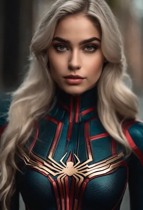 Rapariga, 18 anos, cabelos castanho escuro, foto realista, pale skinned, traje preto fantasia, traje spidergirl, beautiful face, symmetrical face, corpo sensual, Julia Carpenter, Marvel.