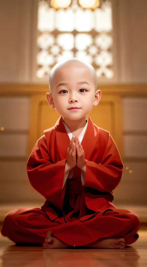 Smile with wide eyes，Close-up of a child sitting on the floor in a monks robe, lovely digital painting, monk clothes, Avatar Aang, he is greeting you warmly, Buddhists, aang, yanjun cheng, concept art of a monk, monk, wojtek fus, buddhist monk, Beautiful a...