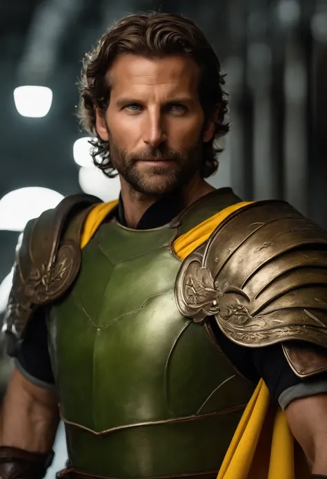 ator Bradley Cooper, with a beard and crisp green eyes, Strong athletic body, foto de corpo inteiro, sozinho, ((homem Elfo de 36 anos)), (((olhos verdes detalhados ultra realistas))), detalhes intrincados de um homem com olhos verdes, sorrir, wearing a sil...