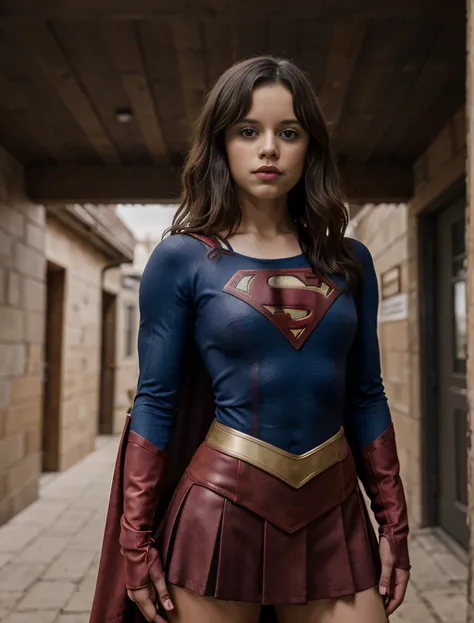 Foto de jortega, vestida em uniforme de supergirl, somente, olhos azuis, Corte de pelo bob inverso, seios grandes, facing-camera, Corredor exterior aberto com paredes e pisos de pedra, atmosfera acolhedora, Cineasta, Photo Session, Capturado pela Panavisio...